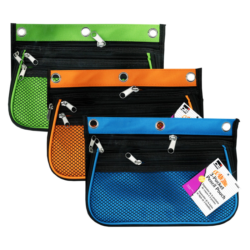 3 Pocket Pencil Pouch, Expanding to .25'', 1.25''W x .25''H x .5''D - Assorted Colors, Pack of 3