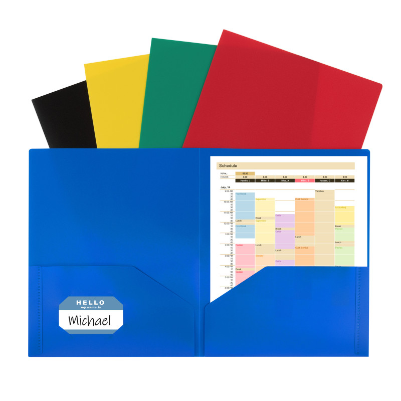 Two-Pocket Heavyweight Poly Portfolio Folder, Assorted Primary Colors, Pack of 10