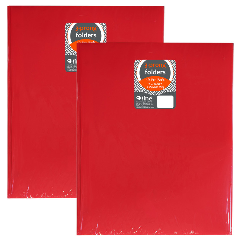 Two-Pocket Heavyweight Poly Portfolio Folder with Prongs, Red, 10 Per Pack, 2 Packs