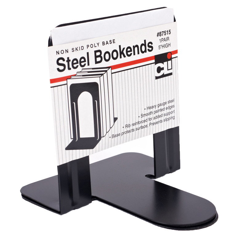 Bookends with Non-Skid Base, 5'' Steel, Black, 1 Pair