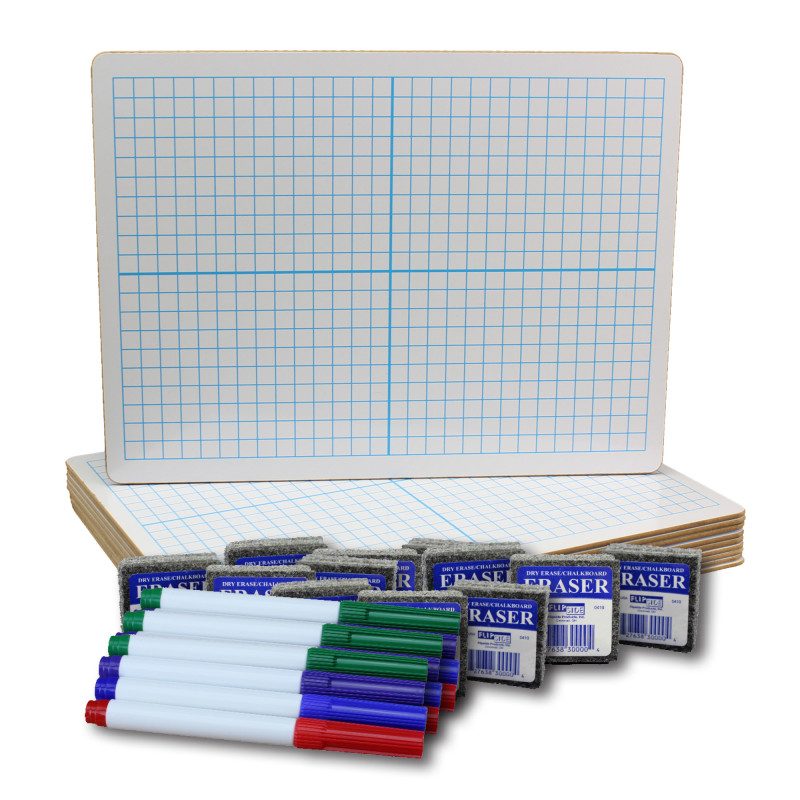 Two-Sided Dry Erase Boards, XY Axis/Plain, 9'' x 12'', with Colored Pens & Erasers, Class Pack of 12