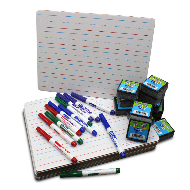 Two-Sided Dry Erase Boards, Red & Blue Ruled/Plain, 9'' x 12'', with Colored Pens & Student Erasers, Class Pack 12