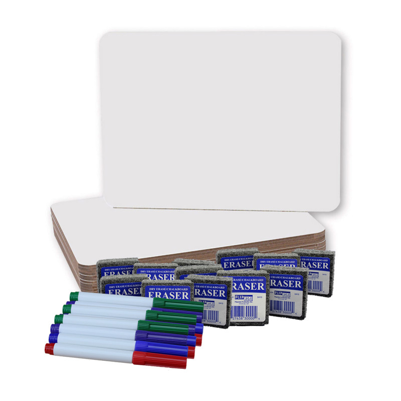 Dry Erase Boards (9'' x 12'') with Colored Pens & Erasers, Set of 12
