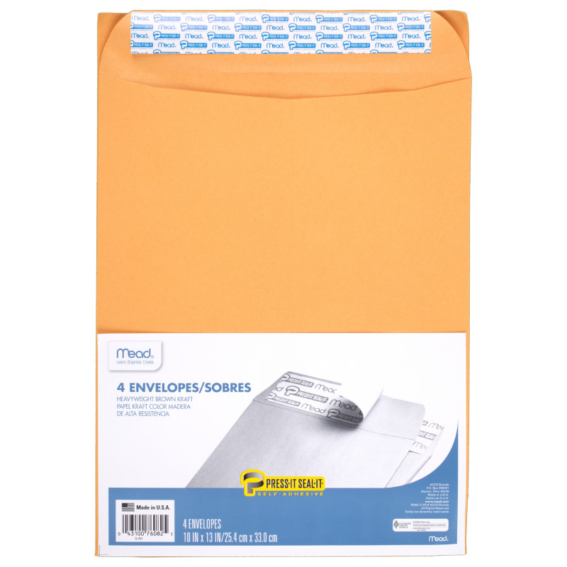 Press-It Seal-It Envelopes, 10'' x 13'', Pack of 4
