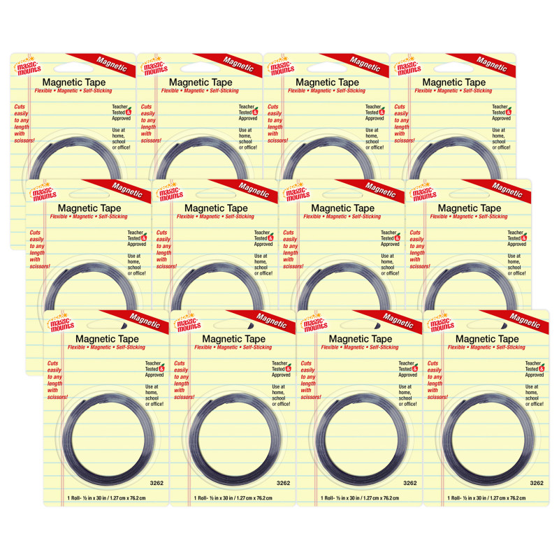 Self-Sticking Magnetic Tape Roll, 1/2'' x 30'', Pack of 12