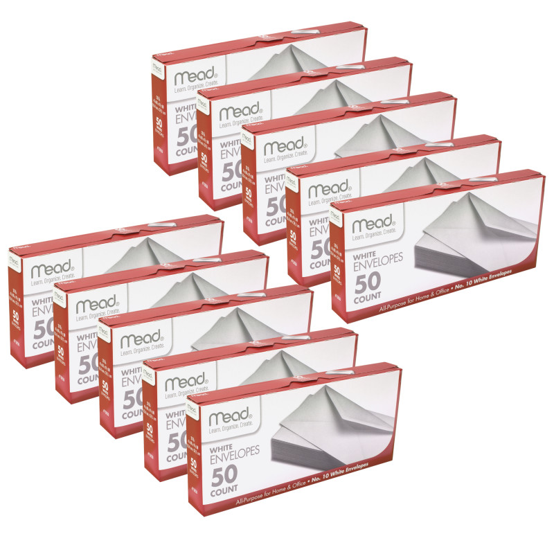White Gummed Business Envelopes, 4 1/8 x 9 1/250#10, 50 Per Pack, 10 Packs