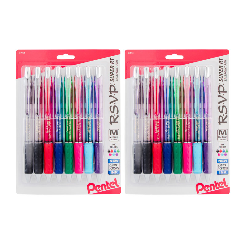 . Super RT Retractable Ballpoint Pen, Assorted, 8 Per Pack, 2 Packs