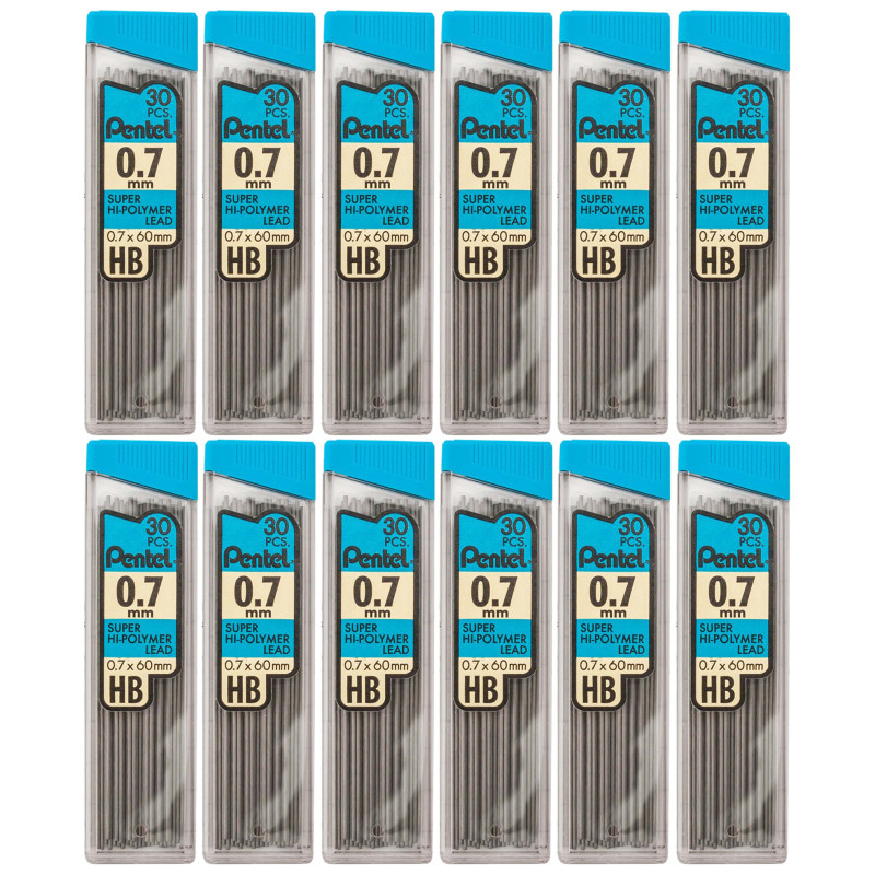 HB Super Hi-Polymer Leads, .7mm, Black, 30 Leads Per Pack, 12 Packs