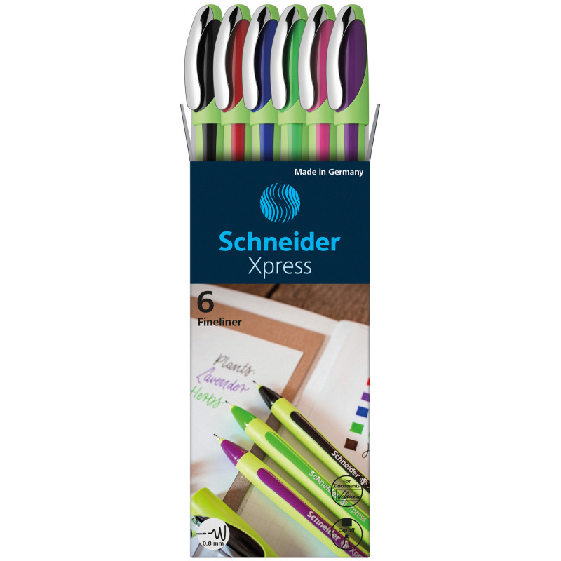 Xpress Fineliner Pens, .8 mm, 6-Color Assortment (Black, Red, Blue, Green, Violet, Pink)