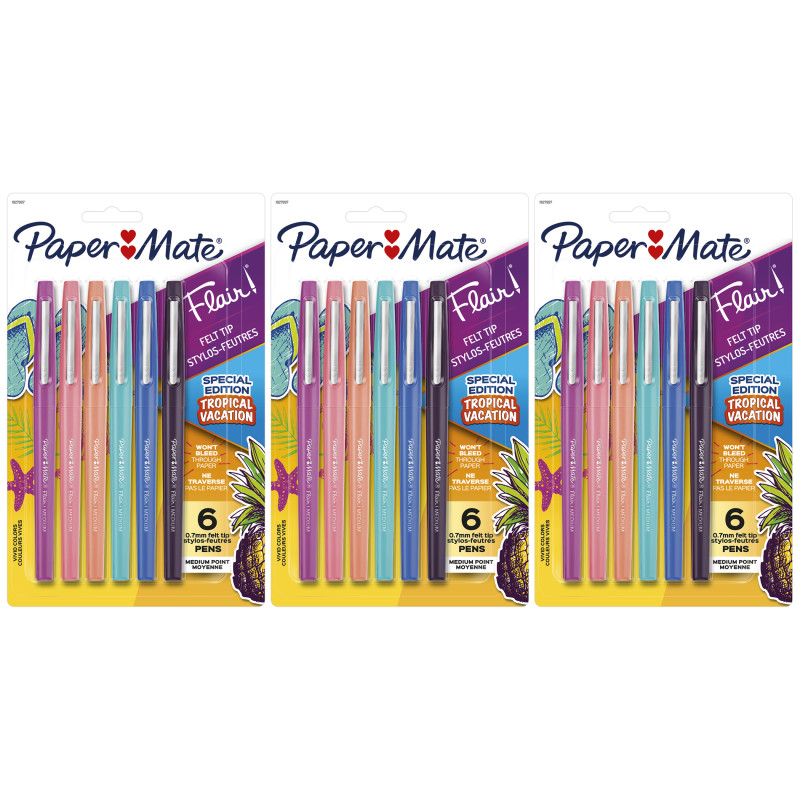 Flair Felt Tip Pens, Medium Point (.7mm), Tropical Colors, 6 Per Pack, 3 Packs