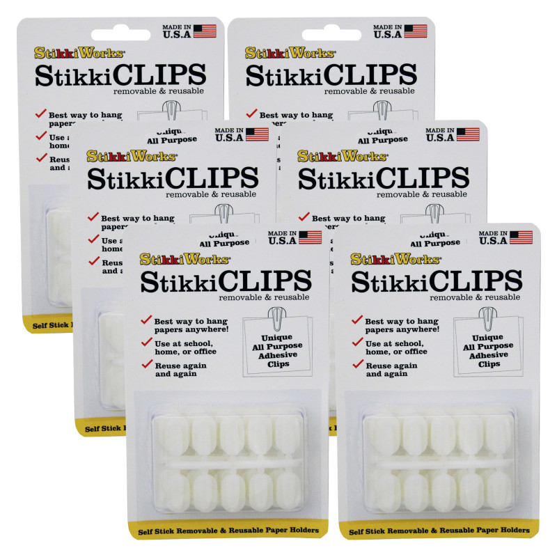 StikkiCLIPS Adhesive Clips, White, 20 Per Pack, 6 Packs