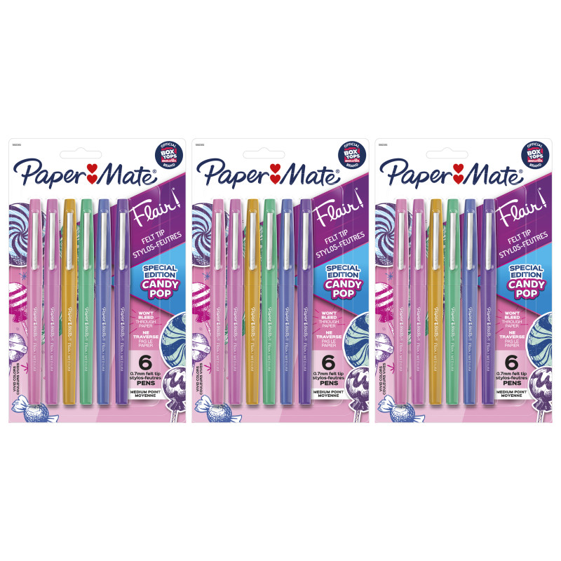Flair Felt Tip Pens, Medium Point (.7mm), Candy Pop Pack, 6 Per Pack, 3 Packs