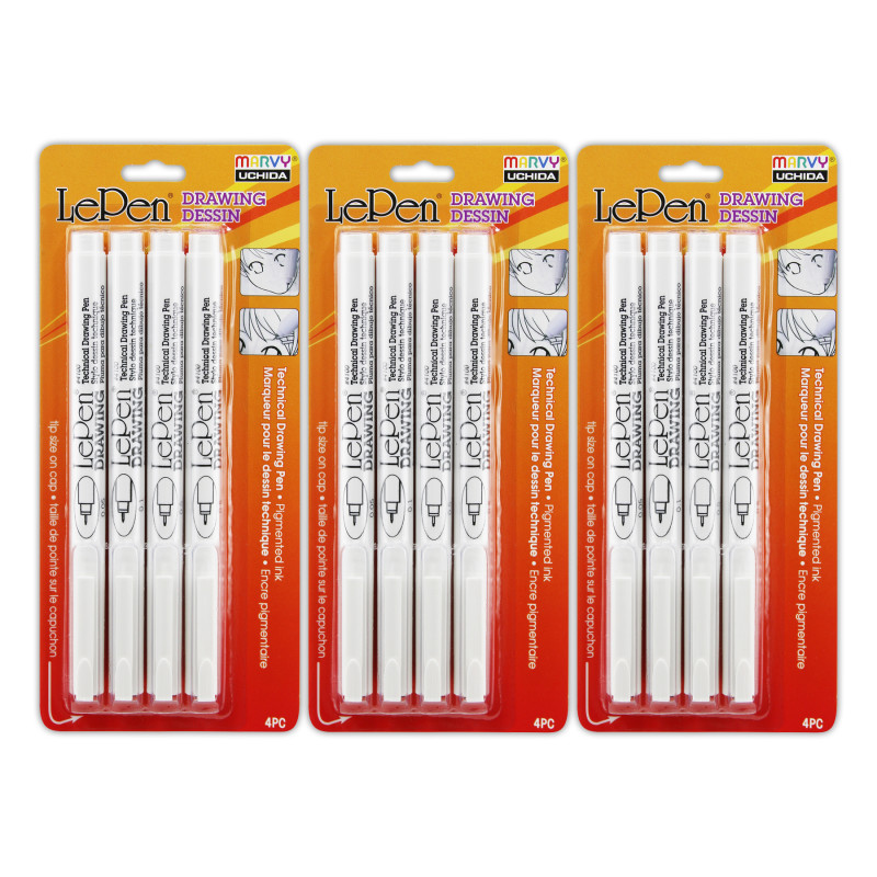 LePen Drawing Pens, 4 Per Pack, 3 Packs