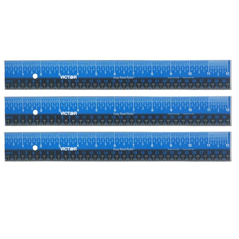 Easy Read Ruler, Stainless Steel, Blue/Black, 12'', Pack of 3