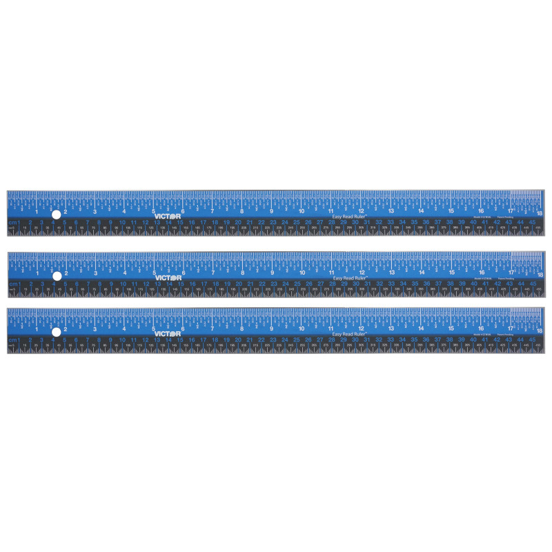 Easy Read Ruler, Stainless Steel, Blue/Black, 18'', Pack of 3