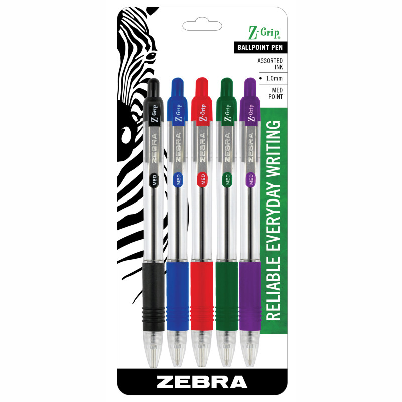 Z-Grip Ballpoint Retractable Pen, .0mm, Assorted, 5-Pack