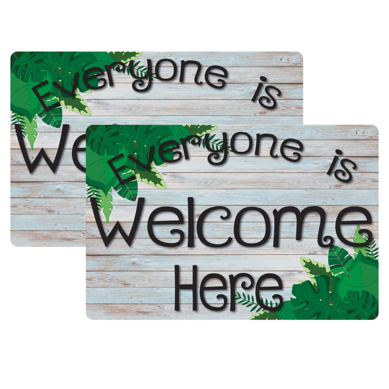 Welcome Mat with Slip Resistant Backing, 1.5'' x 2.5'', Beech Wood Greenery Everyone is Welcome Here, Pack of 2