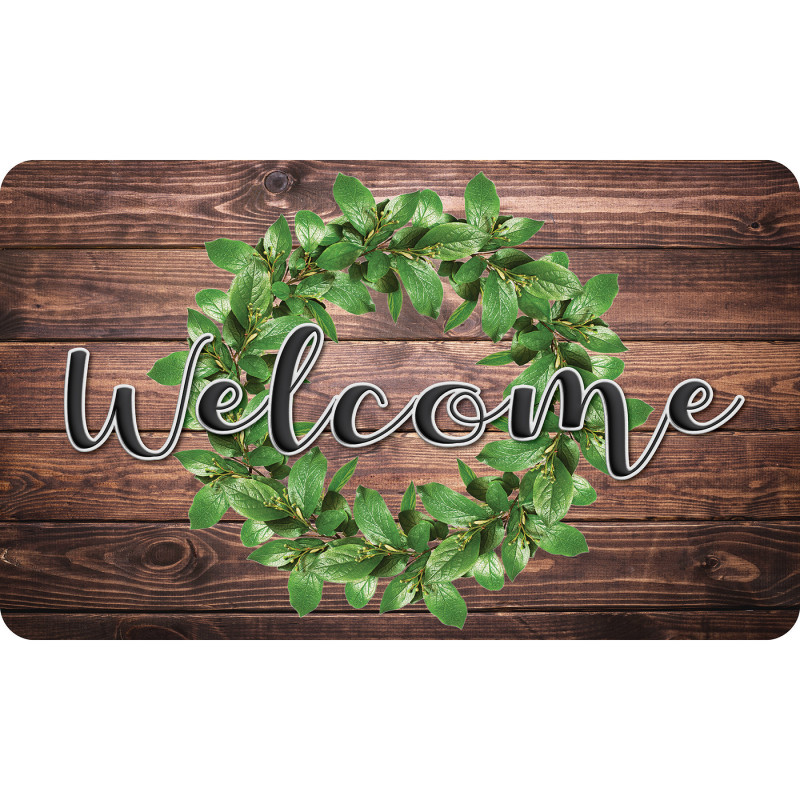 The Original Fun Mat, Welcome Mat, 18'' x 30'', Green Wreath on Wood Welcome