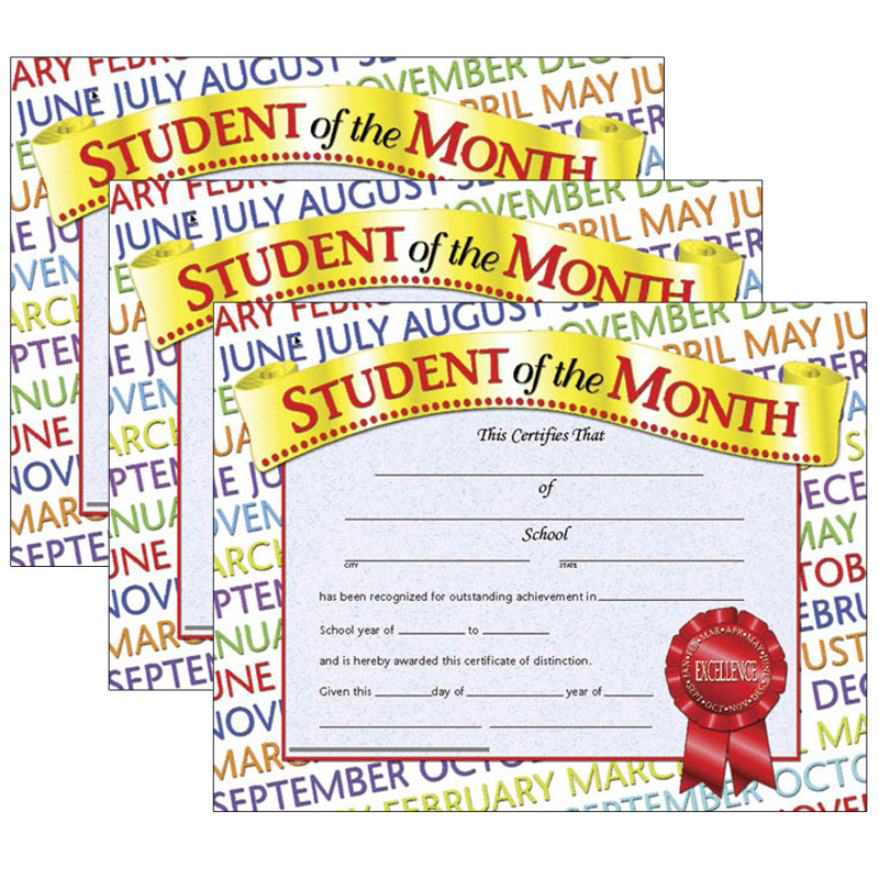 Student of the Month Certificate, .5'' x 11'', 30 Per Pack, 3 Packs