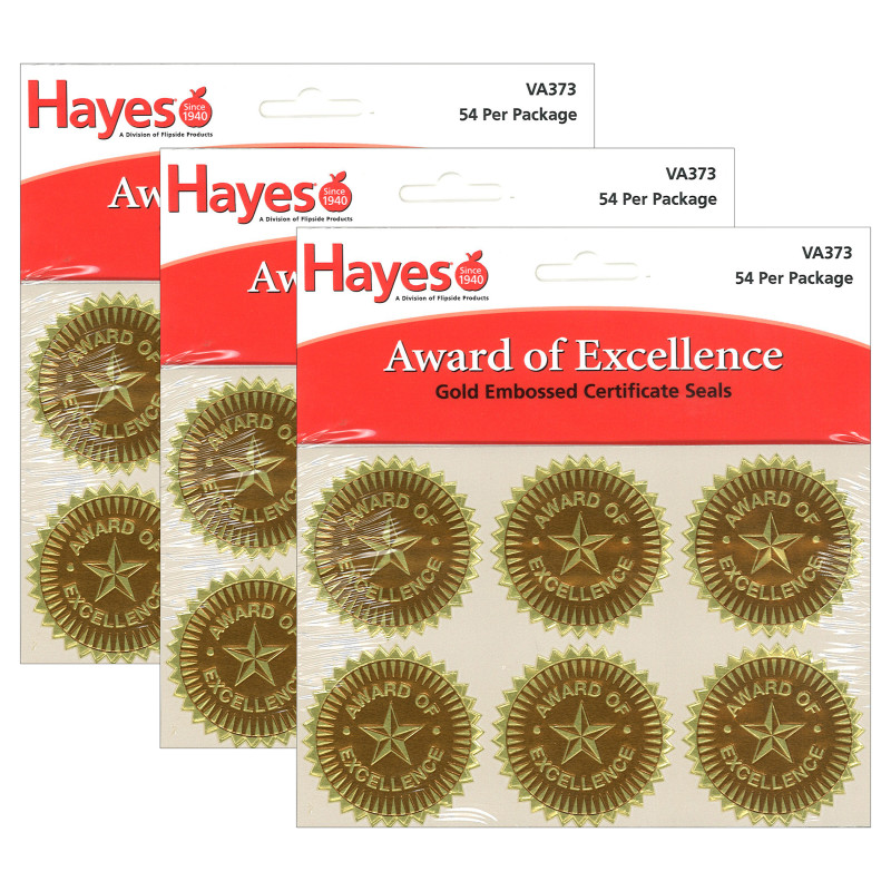 Gold Foil Embossed, Award of Excellence, Certificate Seals, 54 Seals Per Pack, 3 Packs