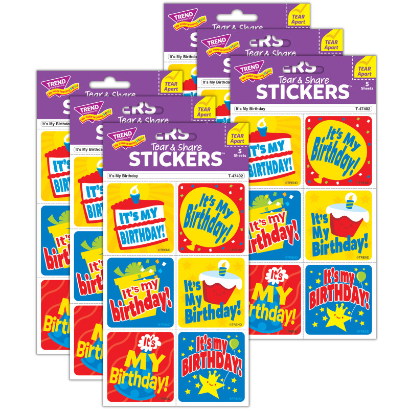 It's My Birthday Tear & Share Stickers, 30 Per Pack, 6 Packs