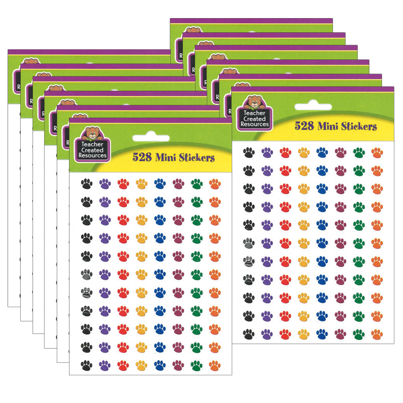 Colorful Paw Prints Mini Stickers, 3/8''Dia, 528 Per Pack, 12 Packs