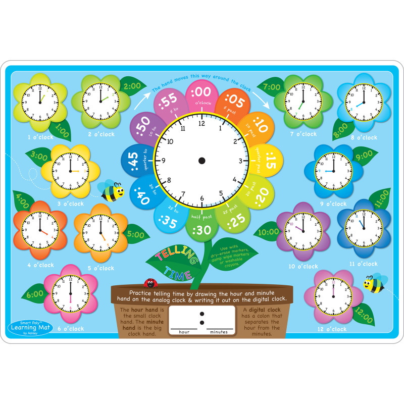 Smart Poly Learning Mat, 12'' x 17'', Double-Sided, Telling Time