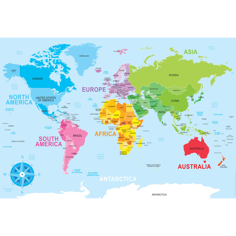 Placemat Studio Smart Poly World Map Learning Placemat, 13'' x 19'', Single Sided, Pack of 10