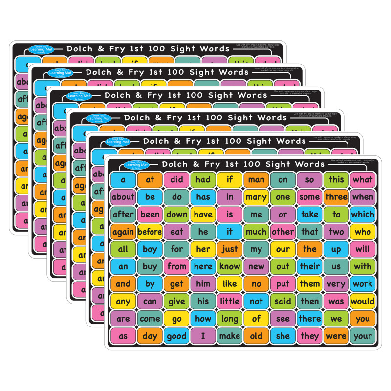 Smart Poly Learning Mat, 12'' x 17'', Double-Sided, Sight Words 1st & 2nd 100, Pack of 6