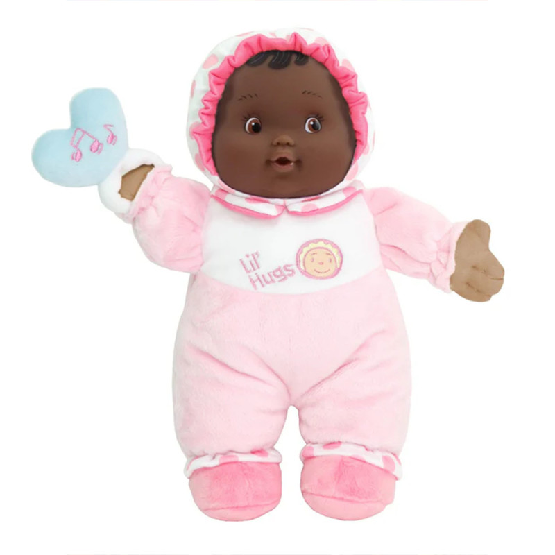 Lil' Hugs Baby's First Soft Doll, Vinyl Face, Pastel Outfits with Rattle, 12'' African-American