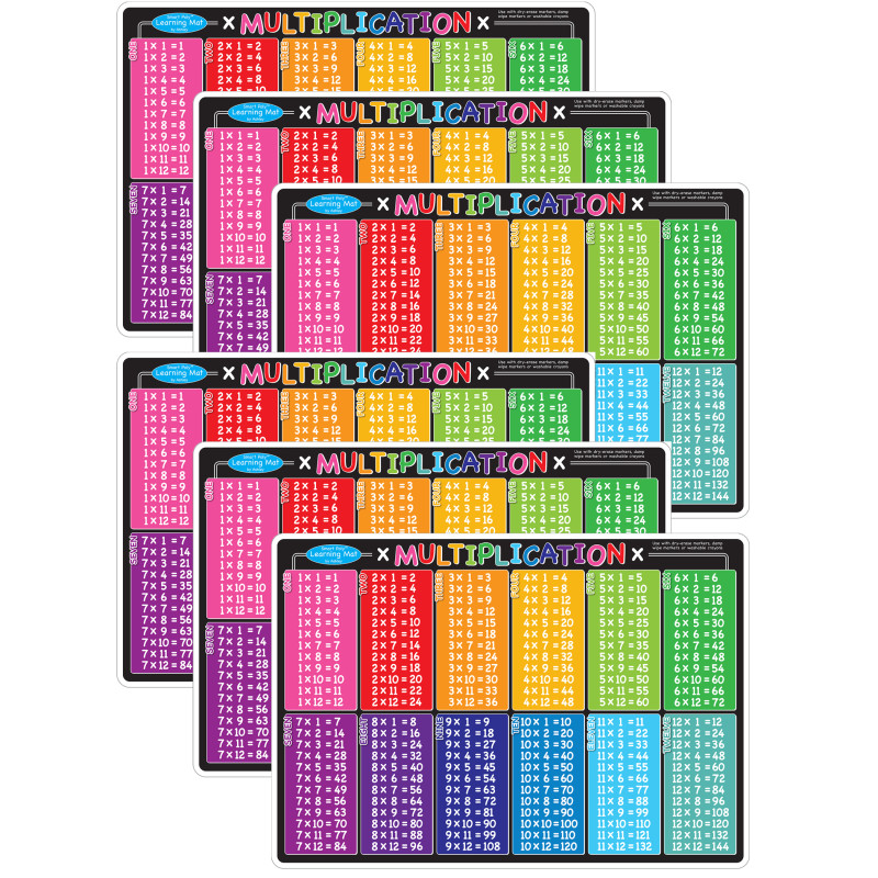 Smart Poly Learning Mat, 12'' x 17'', Double-Sided, Multiplication, Pack of 6