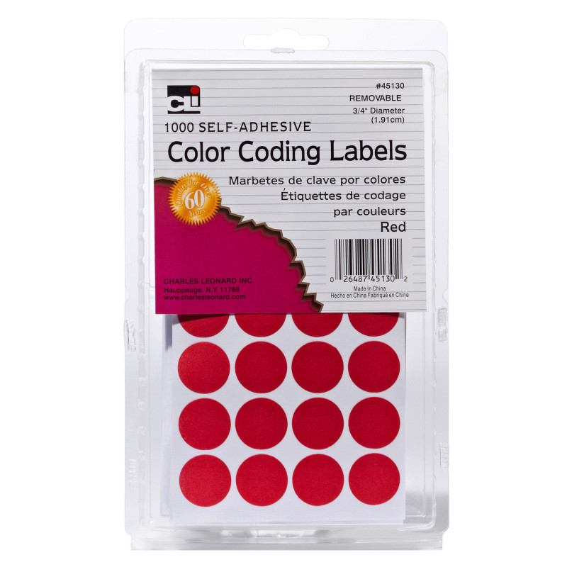 Color Coding Dots, Self-Adhesive Labels, .75 Inch Diameter, Red, Box of 1000