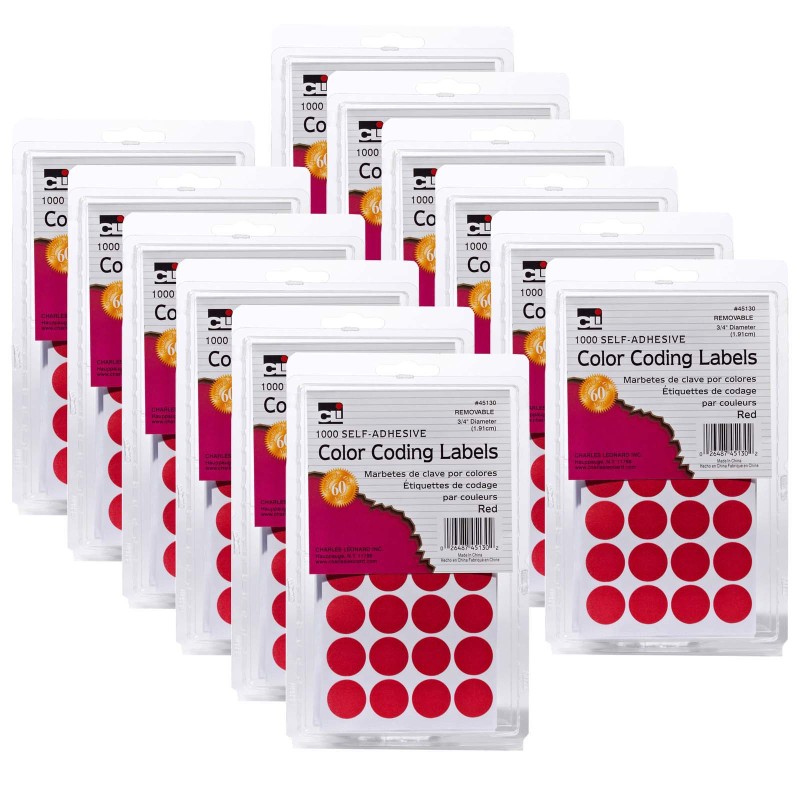 Color Coding Labels, 3/4'', Red, 1000 Per Pack, 12 Packs