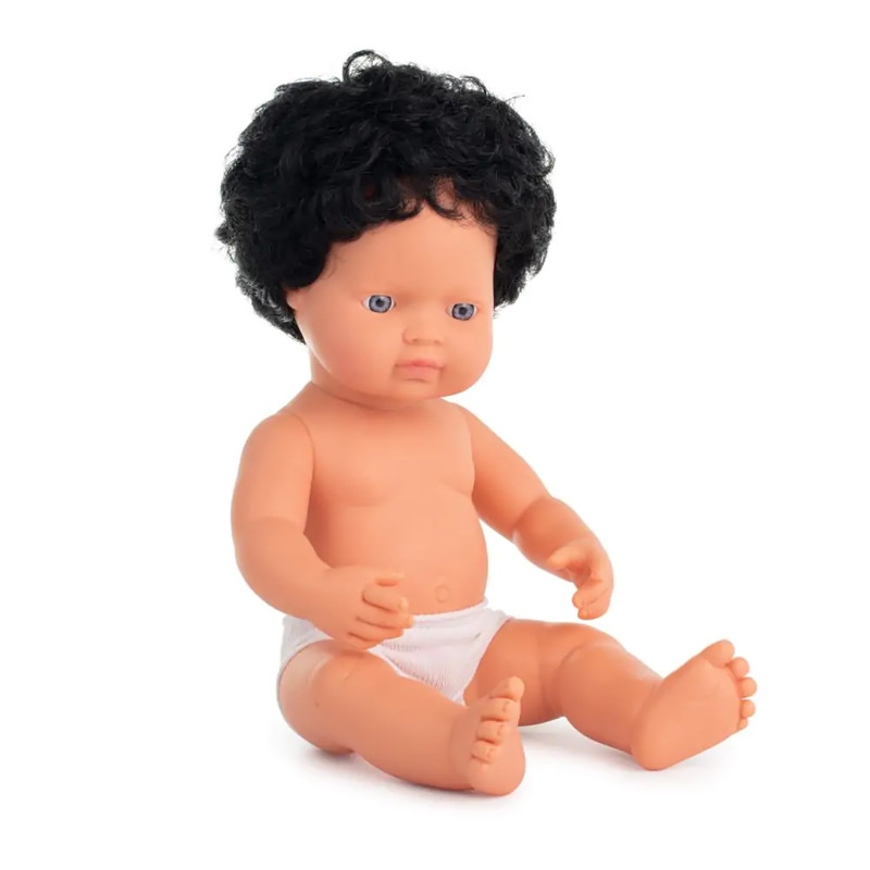 Anatomically Correct 15'' Baby Doll, Caucasian Boy, Curly Black Hair (Polybag)