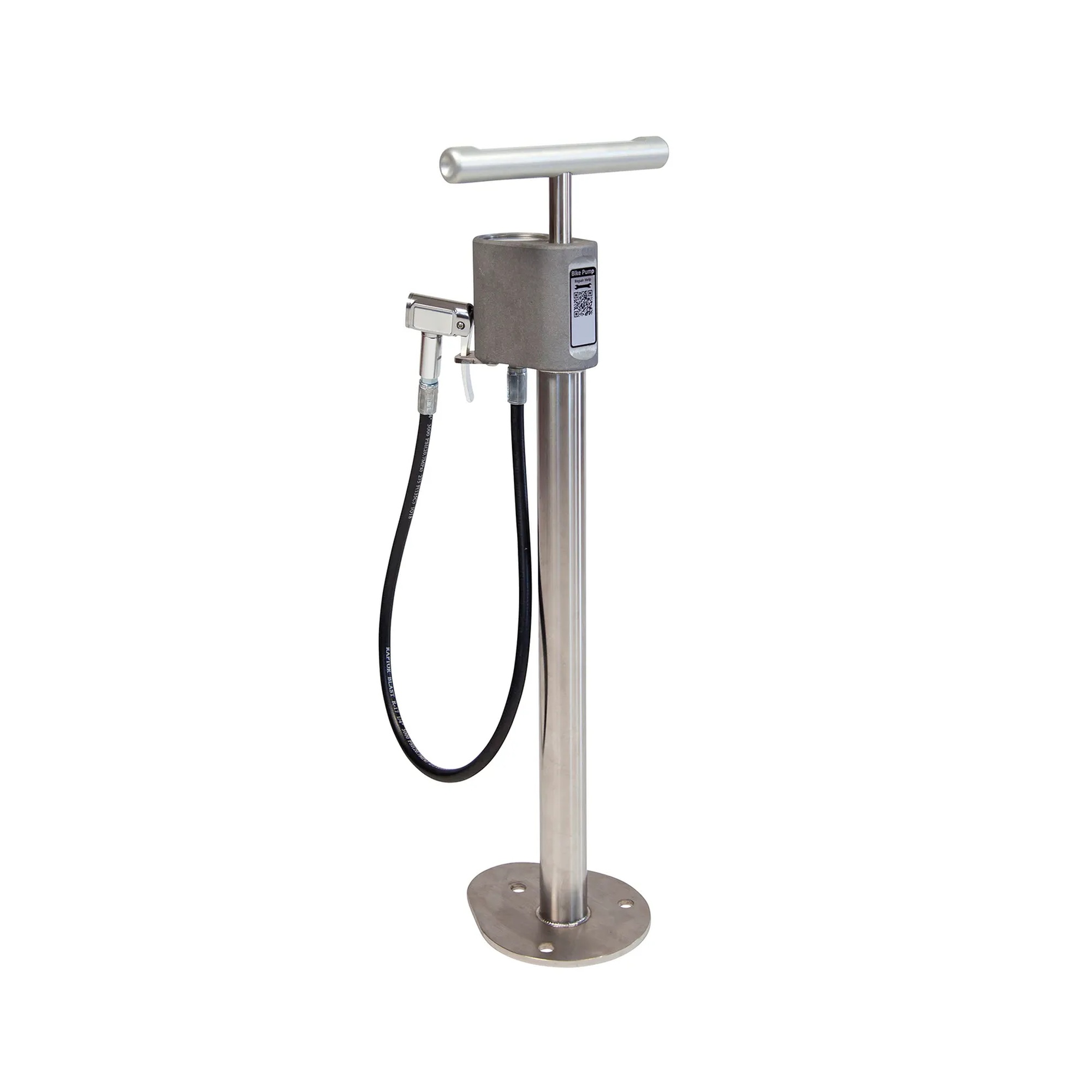 Silver floor-mount public bike pump with pressure gauge and hose