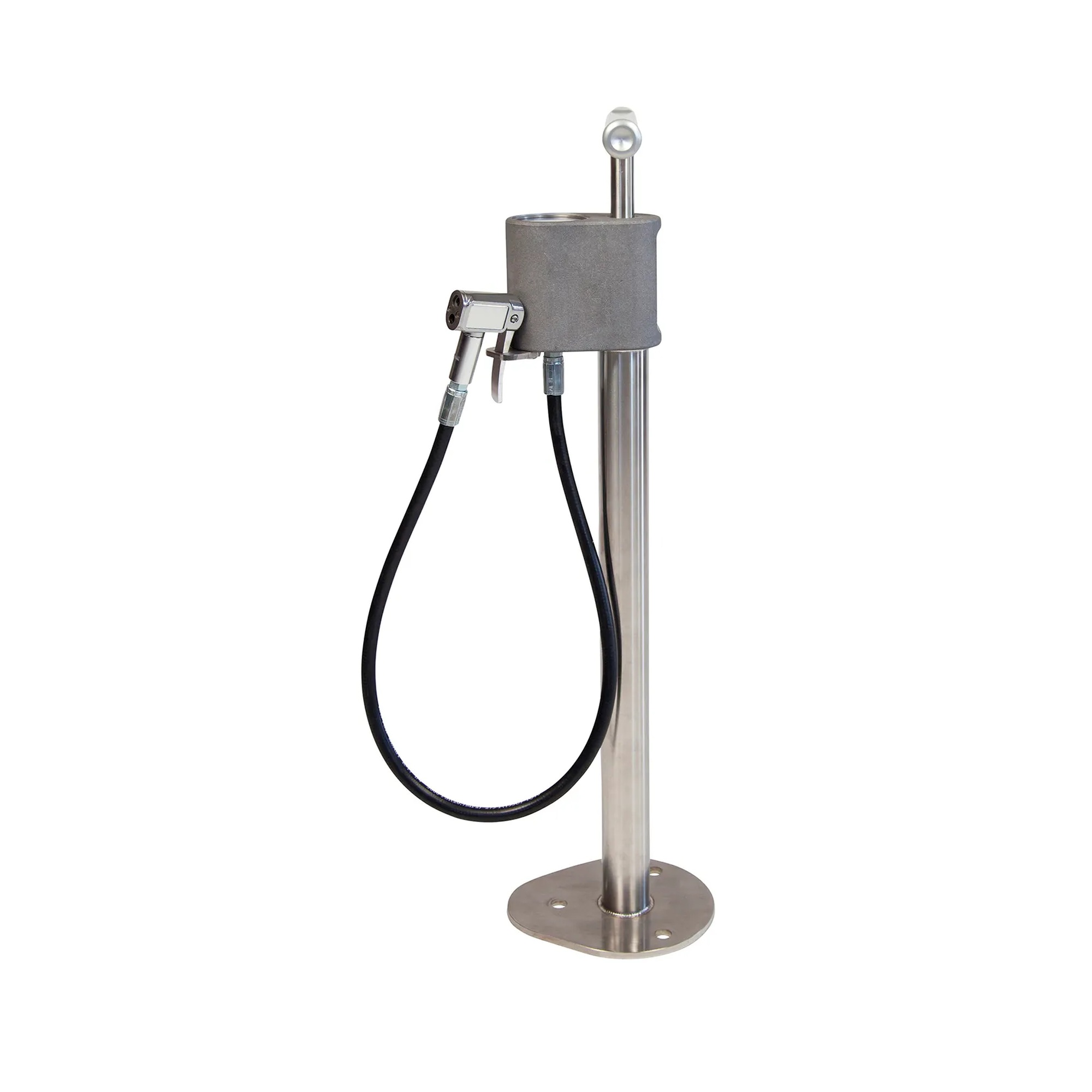 Silver floor-mount public bike pump with pressure gauge and hose