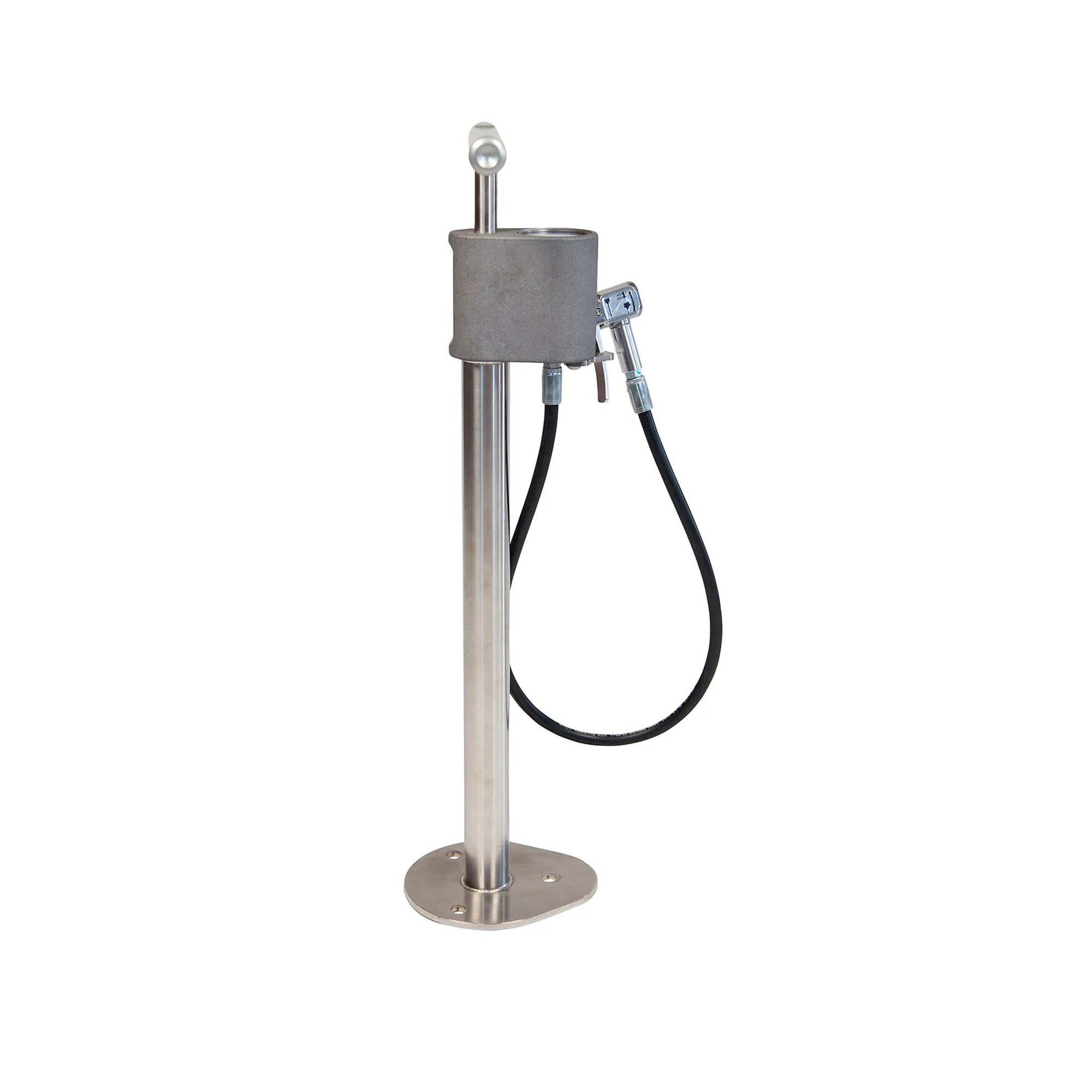 Silver floor-mount public bike pump with pressure gauge and hose