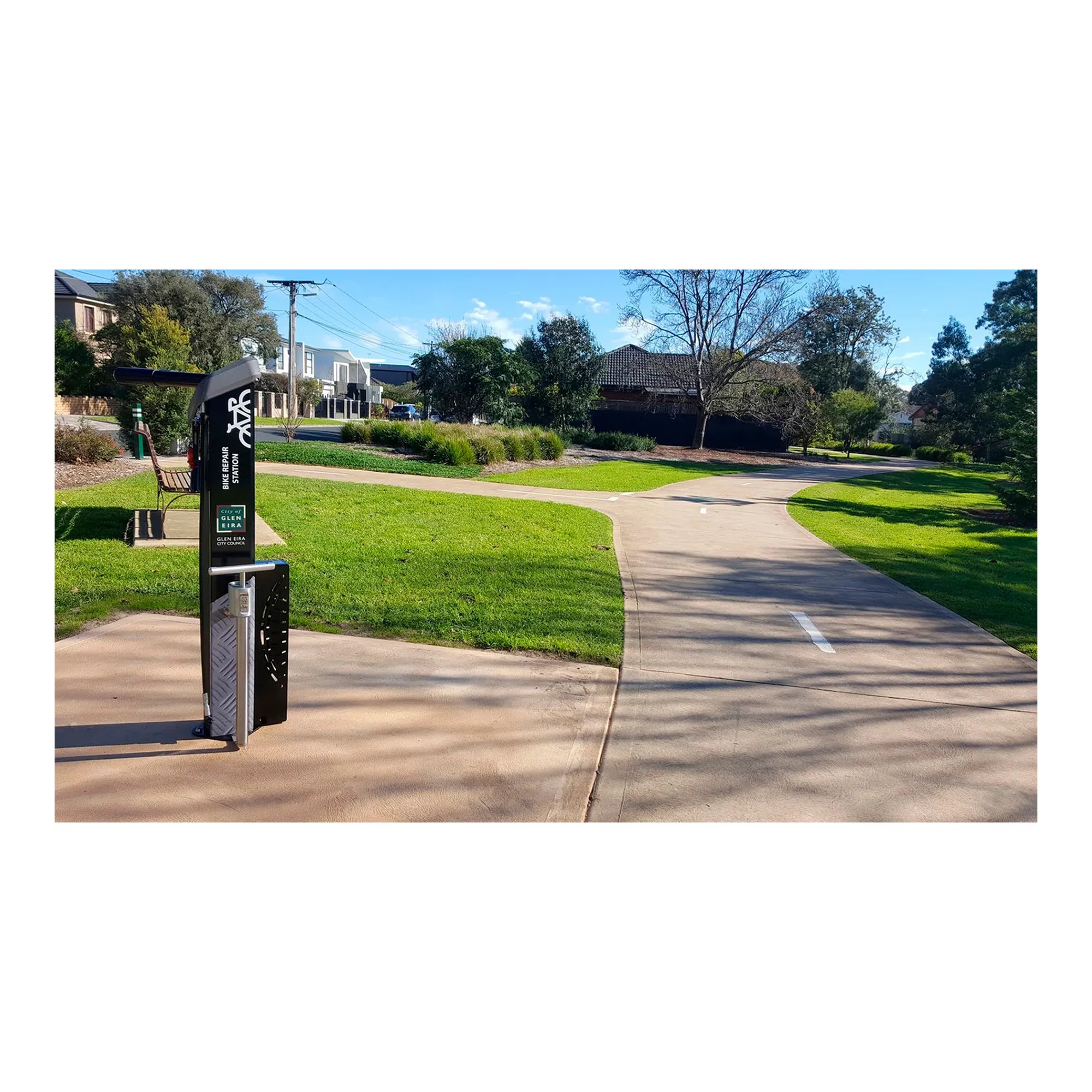 Black deluxe public bicycle repair stand with attached retractable tools