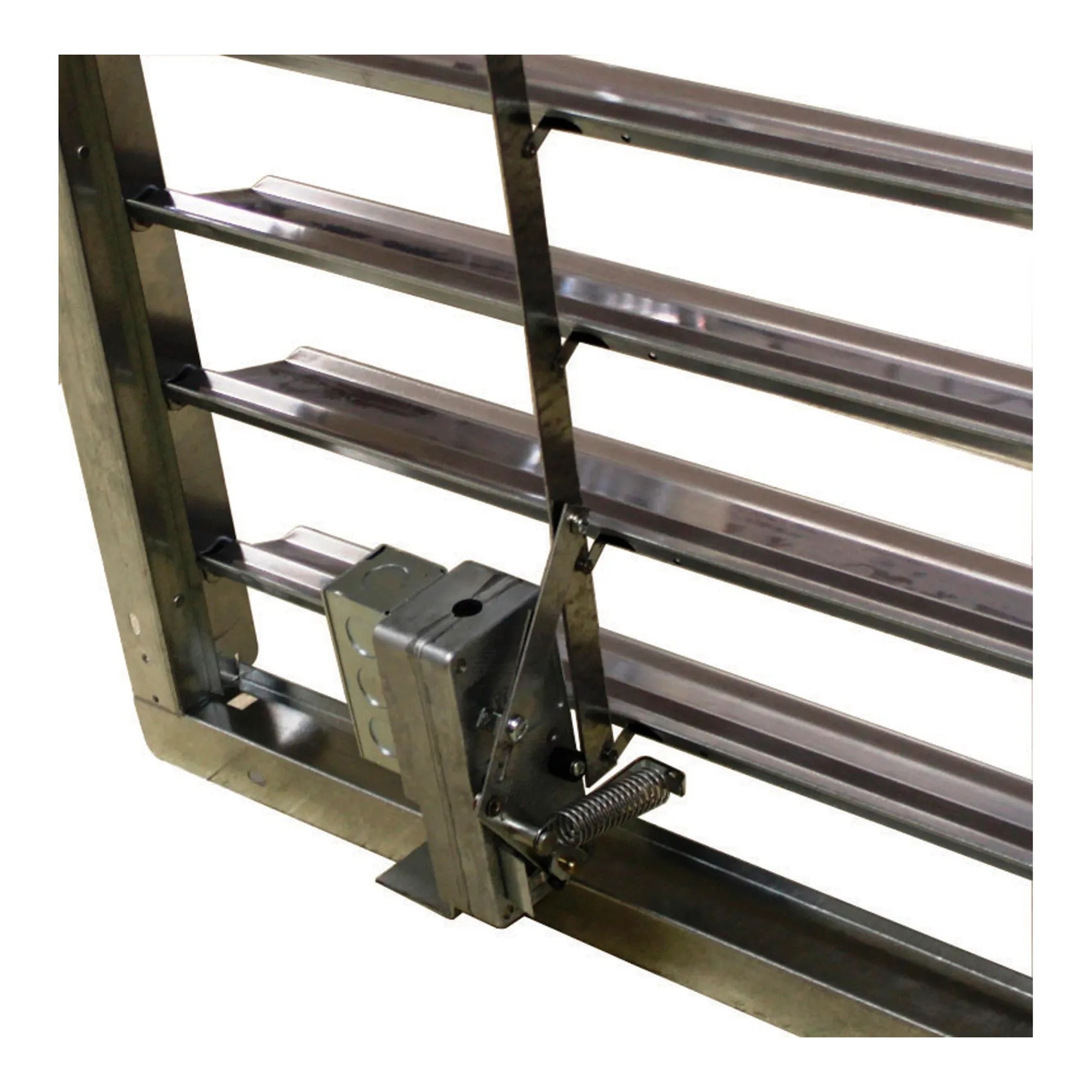Brown single-panel exhaust shutter motor kit with motor, bracket, linkage, and mounting hardware