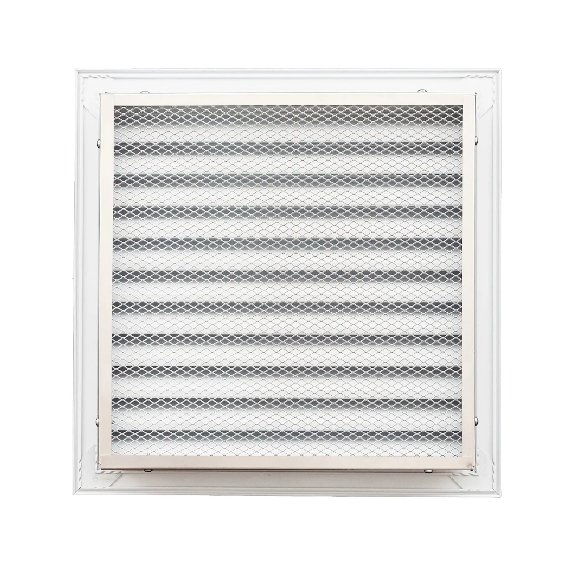 White aluminum louvered exterior return air grille for a 14 x 14 duct opening