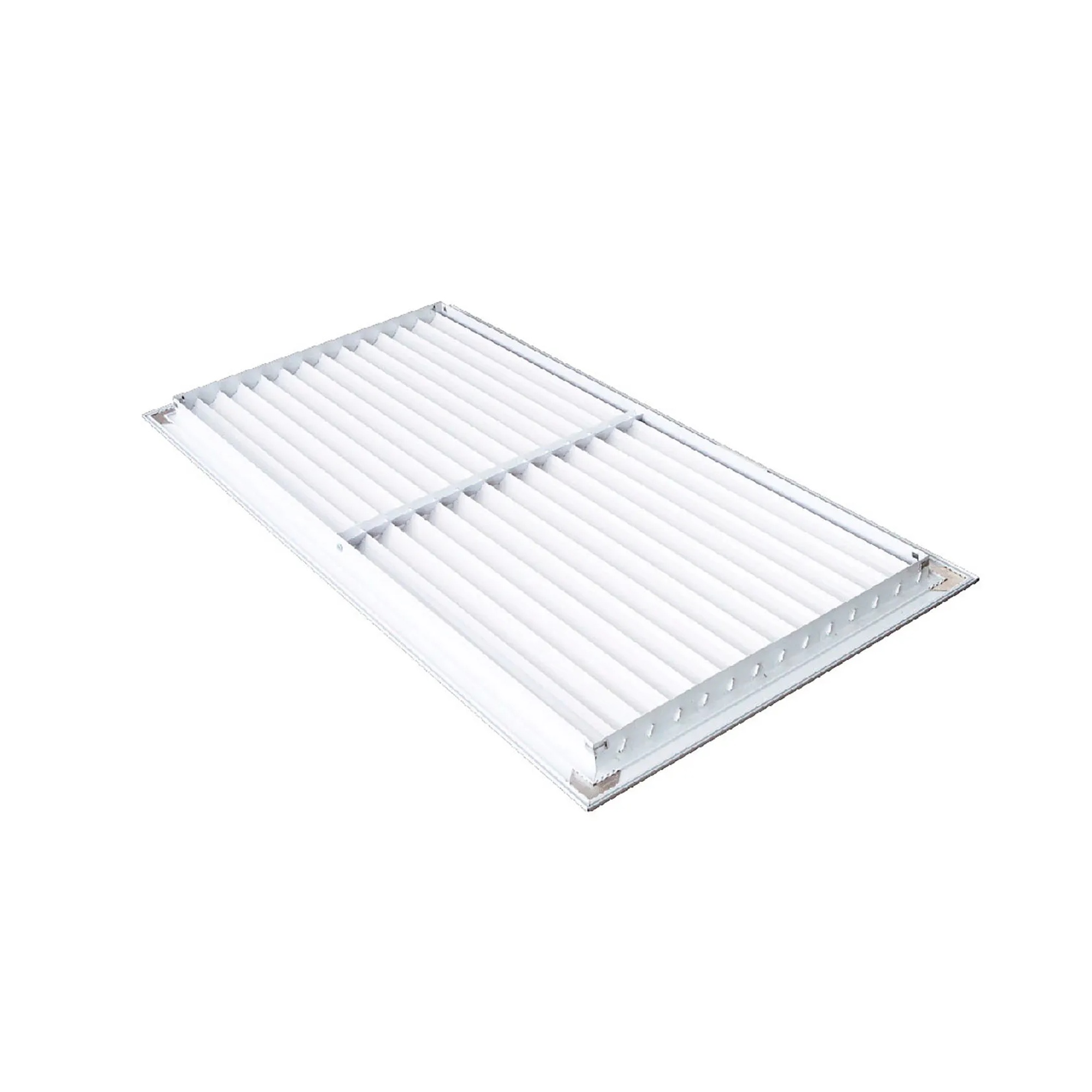 White aluminum return air grille with fixed curved blades for a 30 x 14 inch duct opening