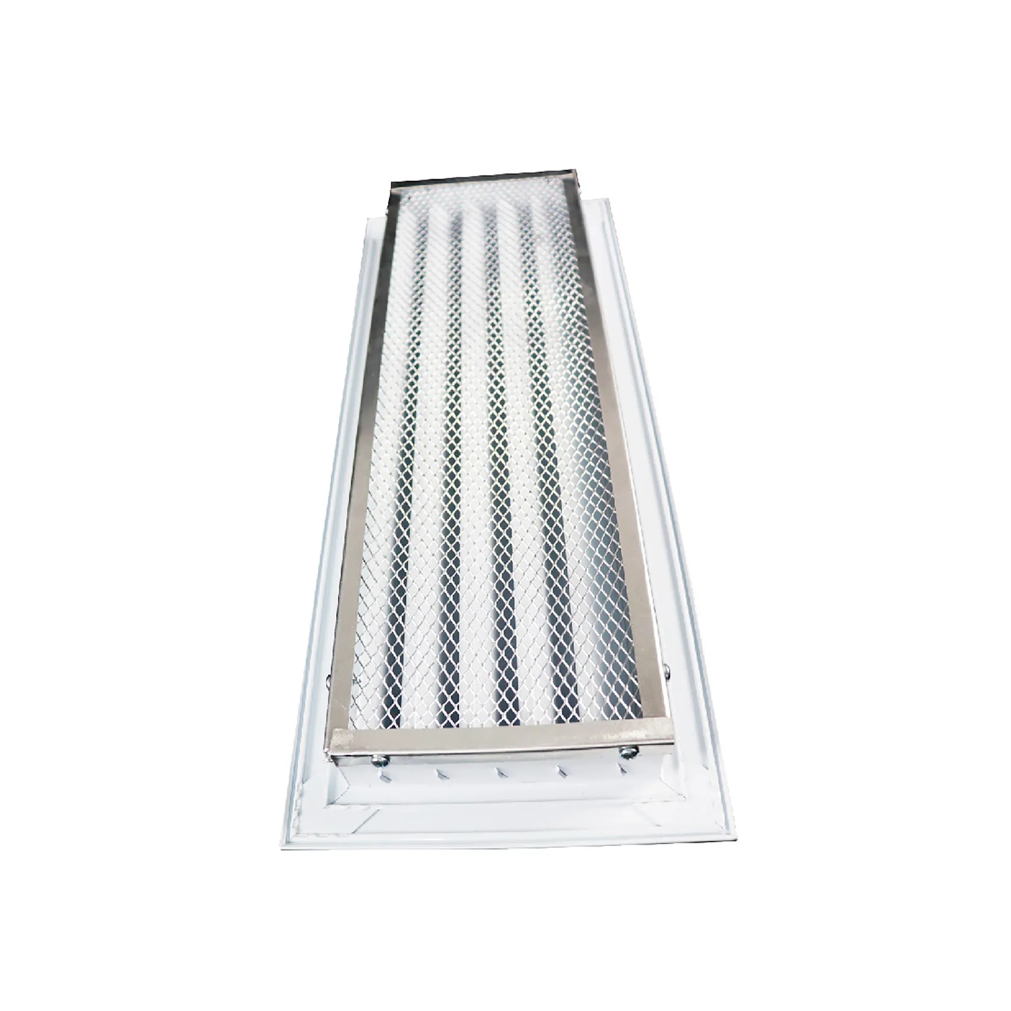 White aluminum louvered exterior return air grille for an 18 x 6 inch duct opening