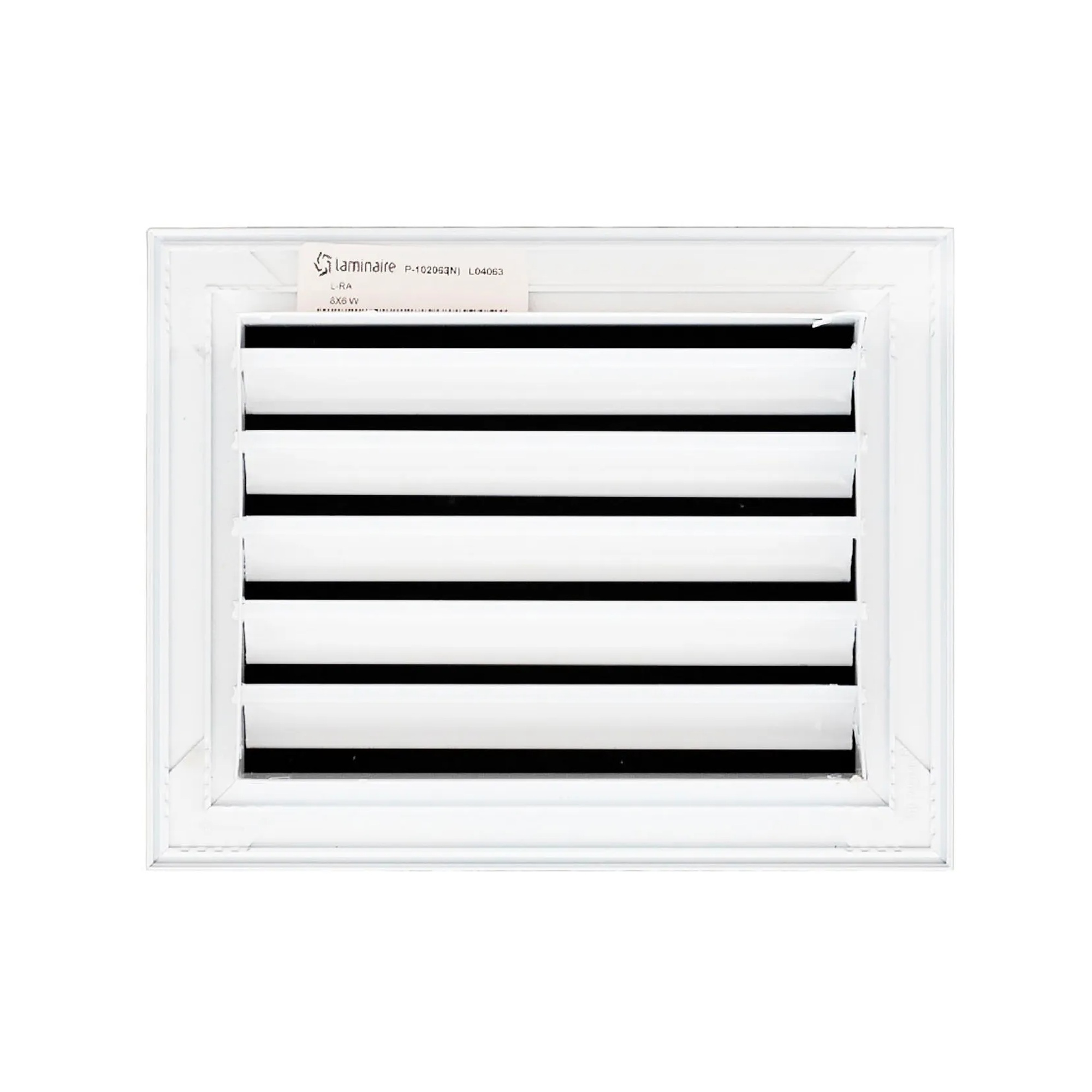 White aluminum return air grille with fixed curved blades for an 8 x 6 inch duct opening