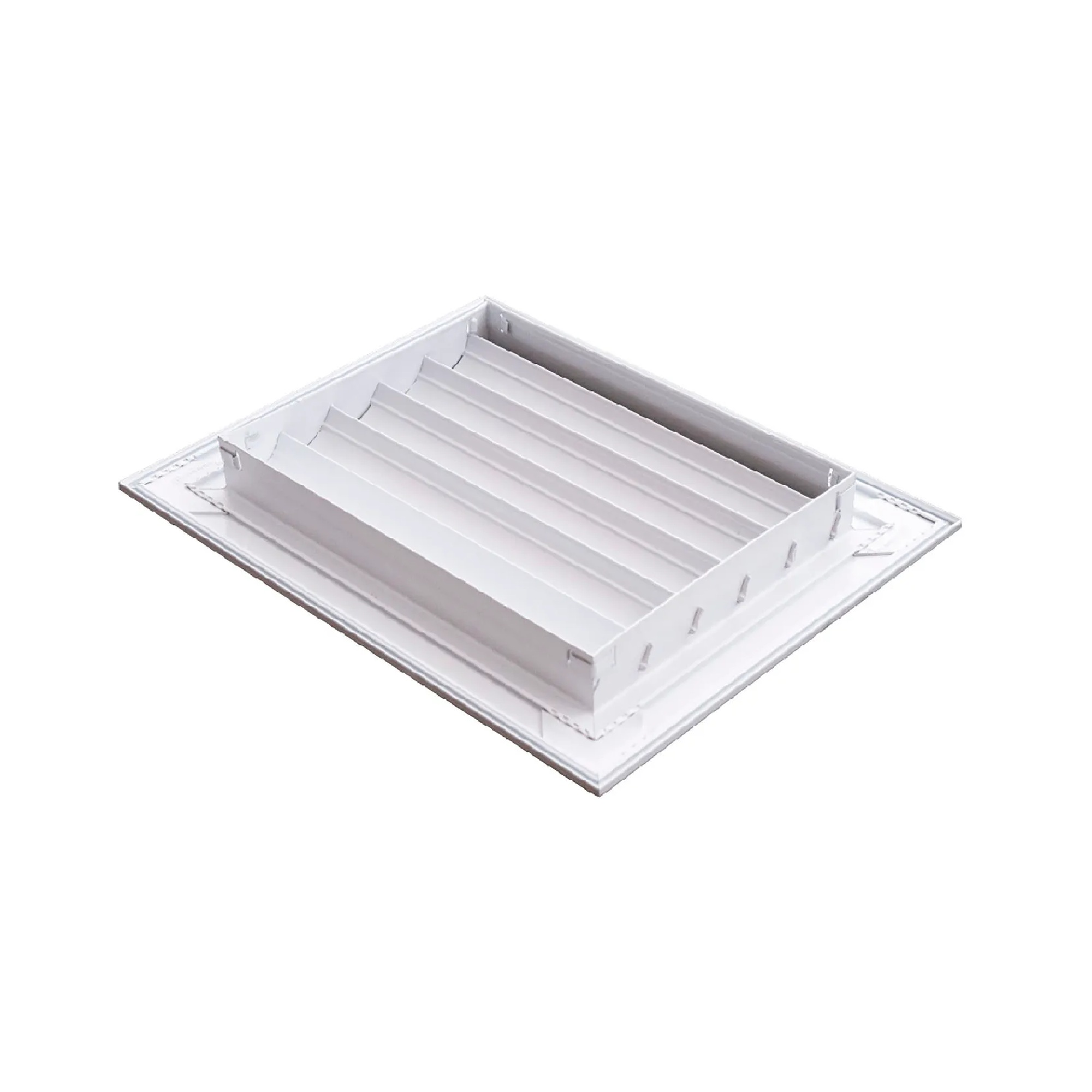 White aluminum return air grille with fixed curved blades for an 8 x 6 inch duct opening
