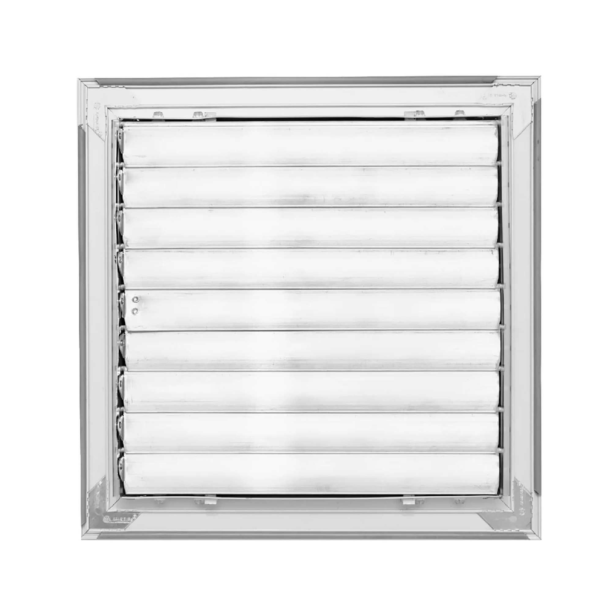 White aluminum three-way ceiling diffuser for a 10 x 10 inch duct opening