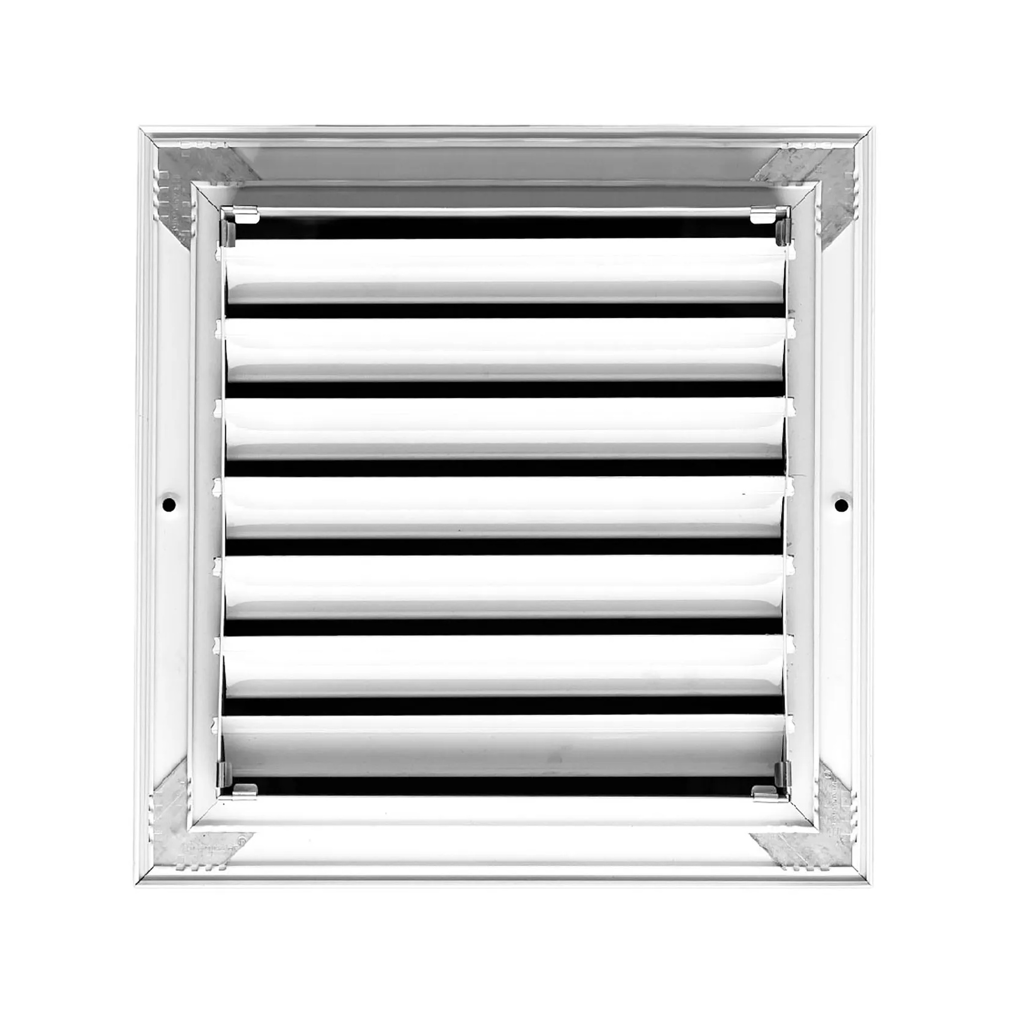 White aluminum return air grille with fixed curved blades for an 8 x 8 duct opening
