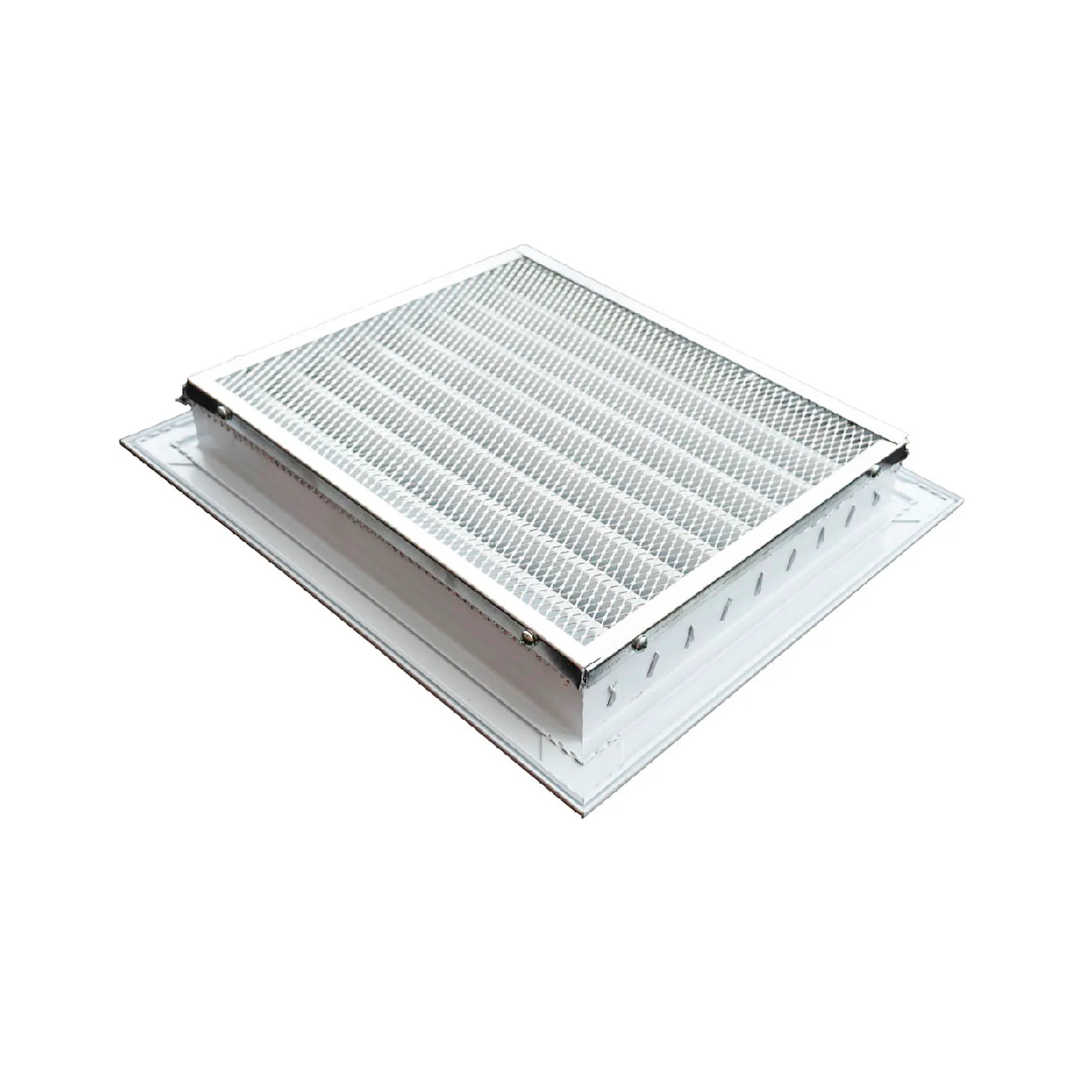 White aluminum louvered exterior return air grille for a 32 x 18 inch duct opening