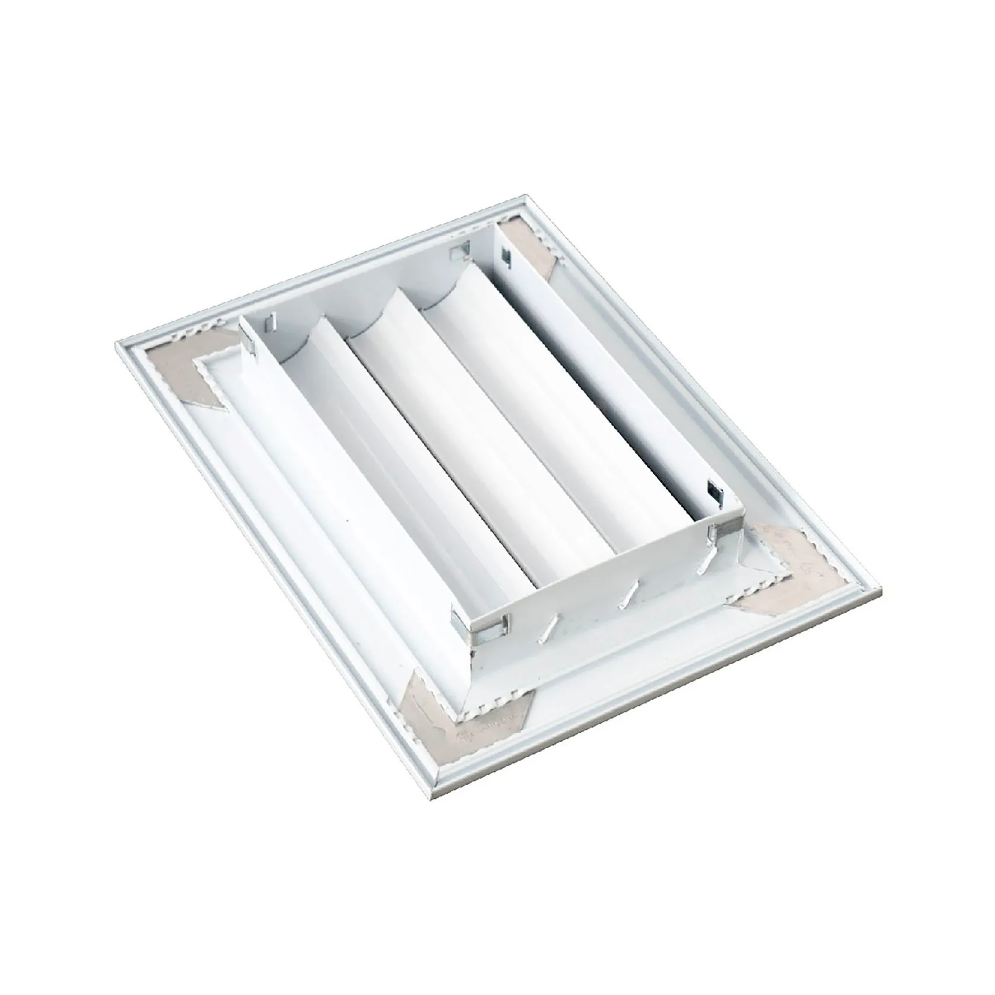 White aluminum return air grille with fixed curved blades for a 6 by 4 inch duct opening
