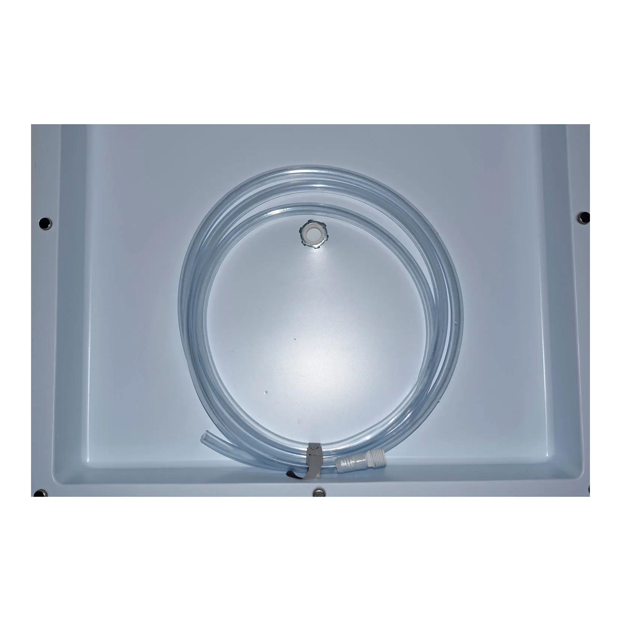 White commercial ceiling leak diversion cover with flexible hose for a drop ceiling grid