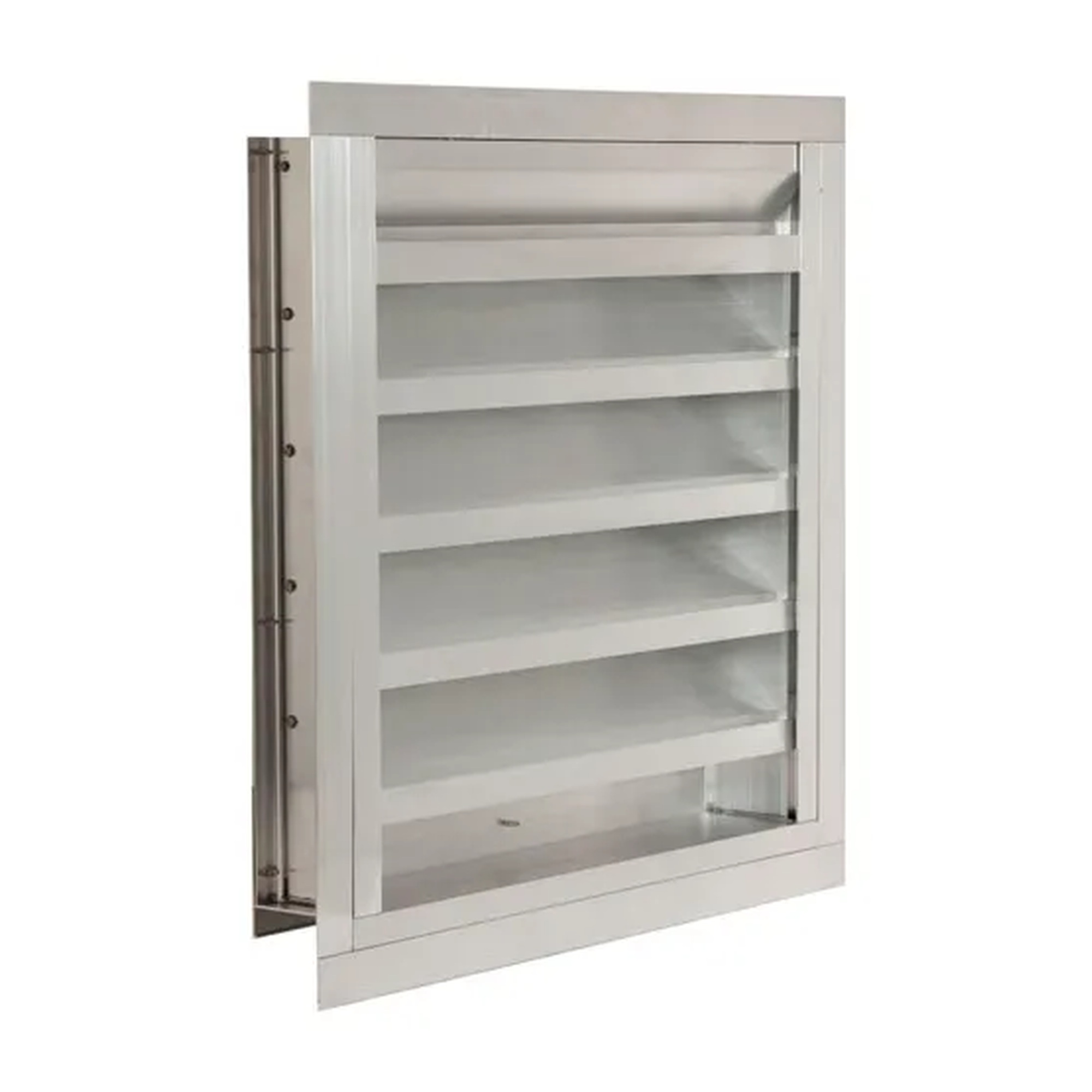 Drainable blade fixed louver with flange and rear birdscreen